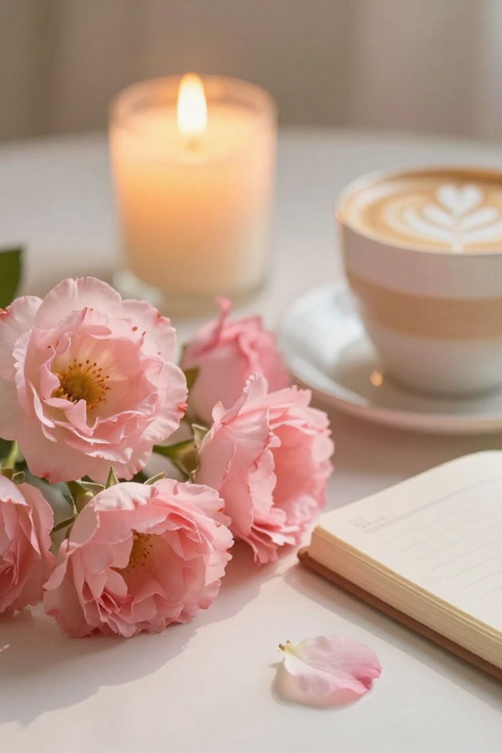 Pink flowers beside a latte, journal, and candle creating a cozy self-care Valentine’s Day scene for singles